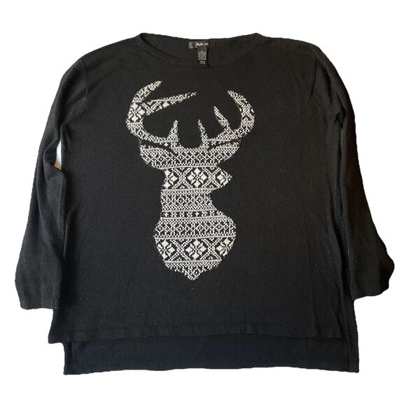 Style & Co. Women Sweatshirt M Black Geometric Deer Head Metallic Graphic Print - Picture 1 of 8
